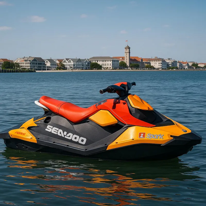 Slide: The Image of 2022 Sea-Doo Spark 3up jet ski on calm water with scenic background. - 2