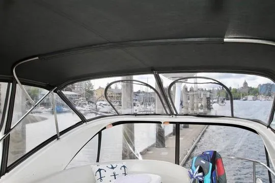 Slide: The Image of Interior view of 2006 Meridian 341 Sedan yacht docked at marina. - 29