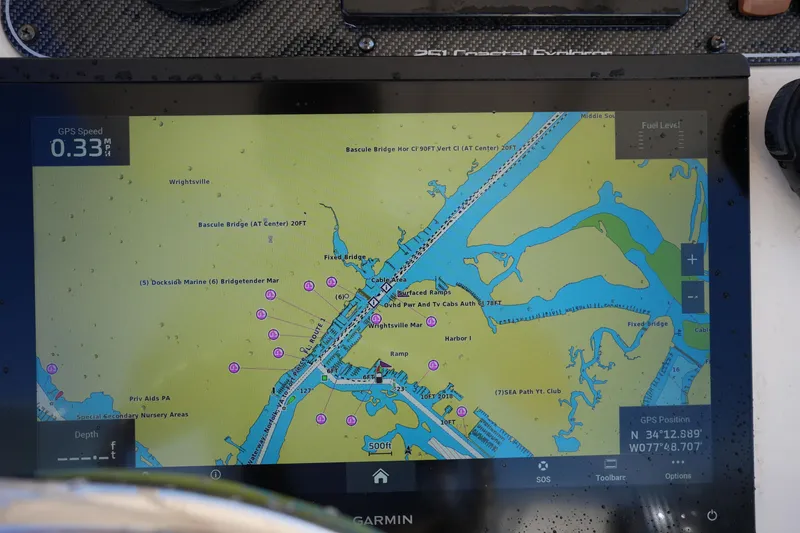 Slide: The Image of Garmin GPS display on 2016 Grady-White 251 Coastal Explorer, showing detailed nautical map. - 21
