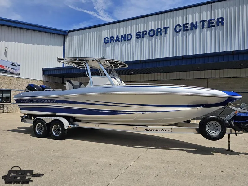 Slide: The Image of 2017 Sunsation 29 CCX boat on trailer at Grand Sport Center. - 11