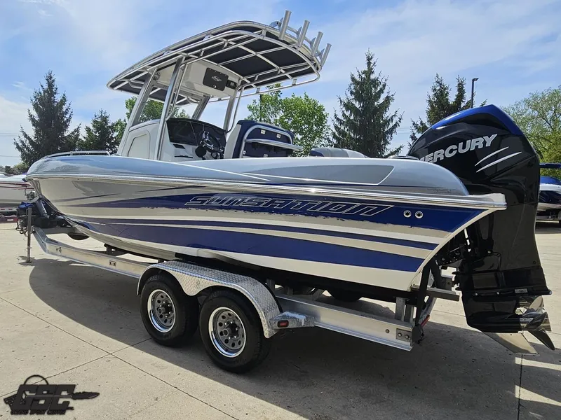 Slide: The Image of 2017 Sunsation 29 CCX boat on trailer with Mercury outboard motor. - 22