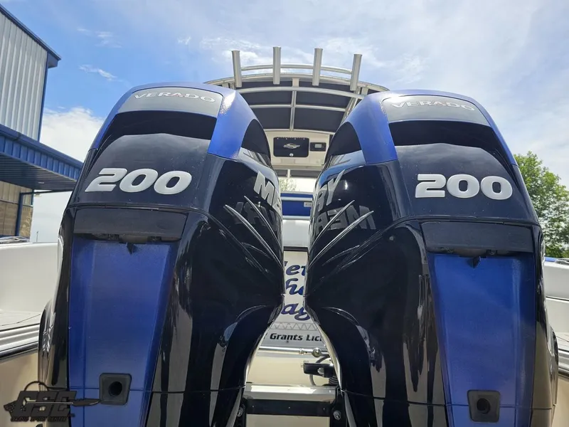 Slide: The Image of Twin Mercury 200 outboard engines on a 2017 Sunsation 29 CCX boat. - 30
