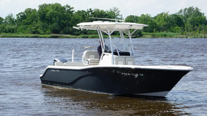 Slide: The Image of 2021 Sea Fox 248 Commander boat on calm water, surrounded by lush greenery. - 2