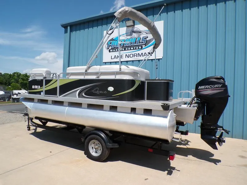 Slide: The Image of 2020 Qwest Edge 816 Cruise pontoon boat with Mercury outboard motor on trailer. - 5