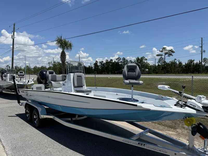 Slide: The Image of 2025 Xpress Hyper-Lift Series H22B boat on trailer, parked outdoors under clear sky. - 1