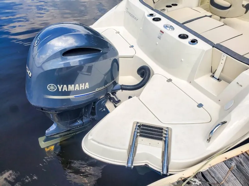 Slide: The Image of 2025 Stingray 211 DC boat with Yamaha outboard motor, docked on calm water. - 5