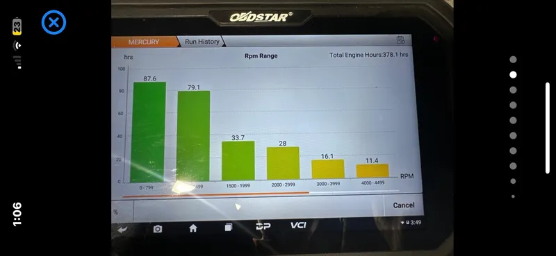 Slide: The Image of Chart displaying engine run history on a diagnostic tool for a 2012 Tracker Pro Team 175 TXW. - 2