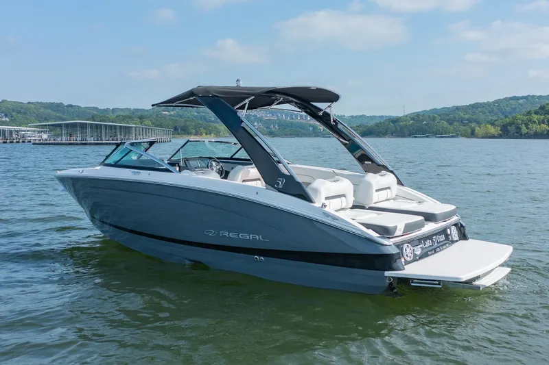 Slide: The Image of 2021 Regal LS6 boat on a lake with scenic background. - 3