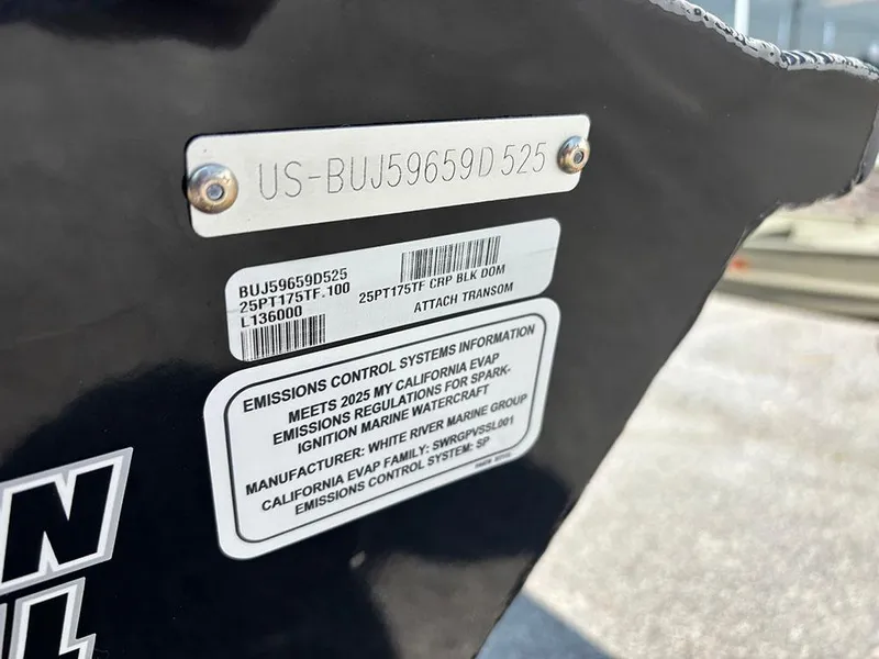 Slide: The Image of 2025 Tracker Pro Team 175 Crappie Edition boat identification and emissions control information plate. - 24