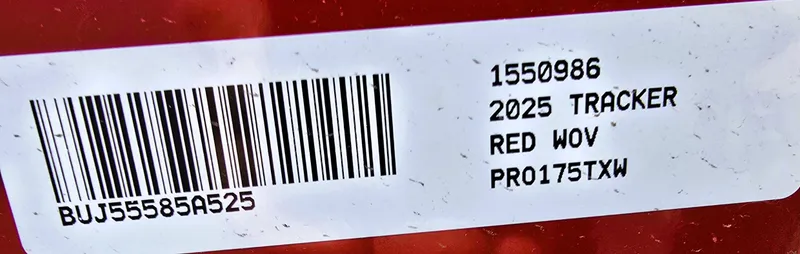 Slide: The Image of Barcode label for 2025 Tracker Pro Team 175, red color, model PRO175TXW. - 5
