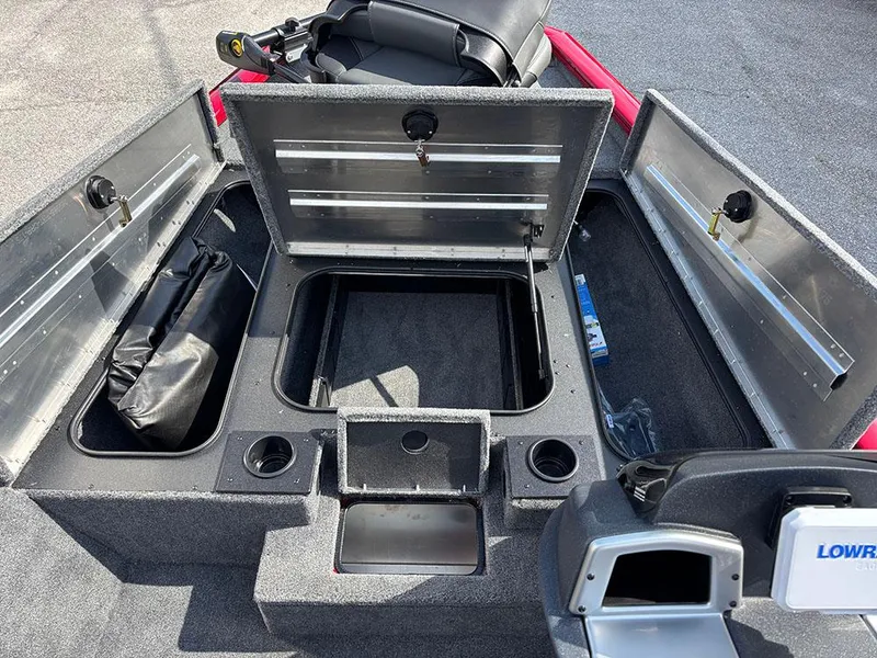 Slide: The Image of 2025 Tracker Pro Team 175 boat storage compartments open, showcasing ample space and organization. - 14