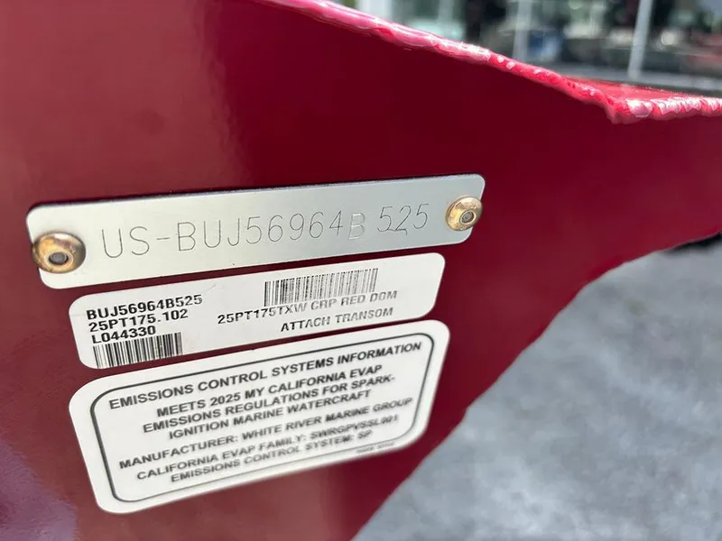 Slide: The Image of 2025 Tracker Pro Team 175 boat identification and emissions control information plate. - 24