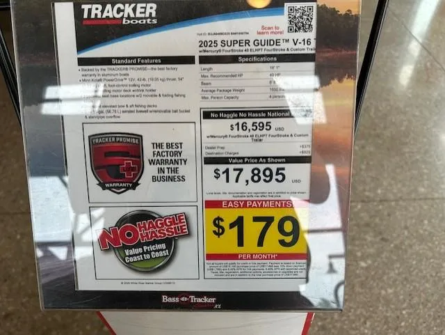 Slide: The Image of 2025 Tracker Super Guide V-16 T boat pricing and warranty details display. - 8