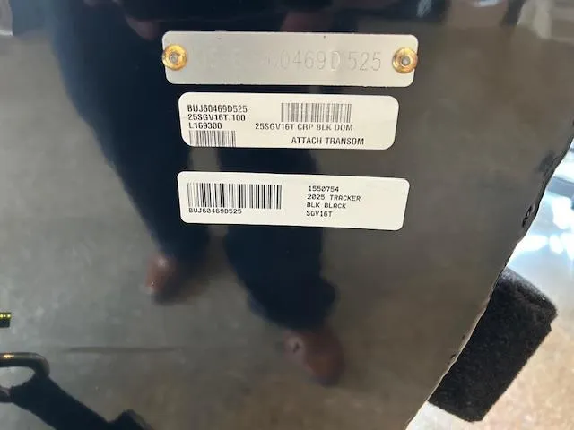 Slide: The Image of 2025 Tracker Super Guide V-16 T transom with identification labels and barcodes. - 9