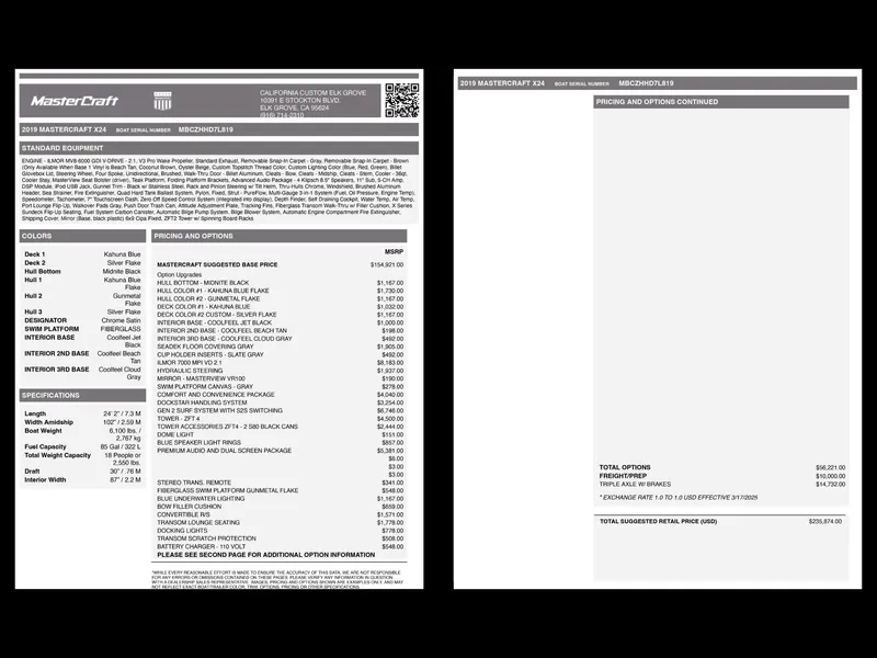 Slide: The Image of 2019 MasterCraft X24 specifications and pricing details on a two-page document. - 36