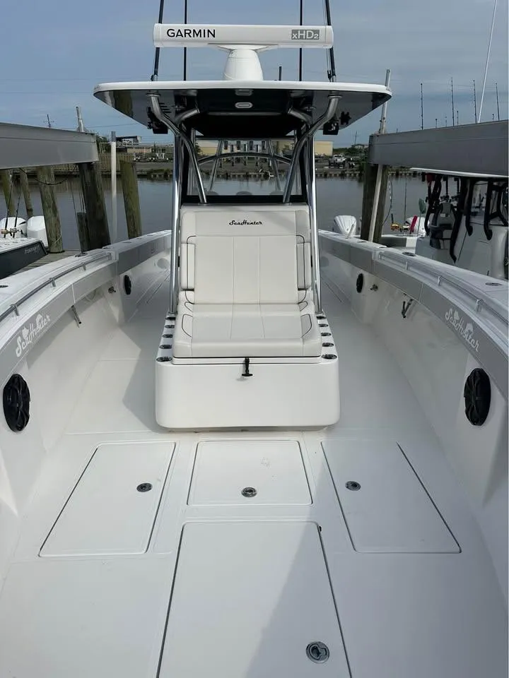 Slide: The Image of 2024 SeaHunter 39 Tournament boat with sleek design, spacious deck, and advanced Garmin navigation. - 6