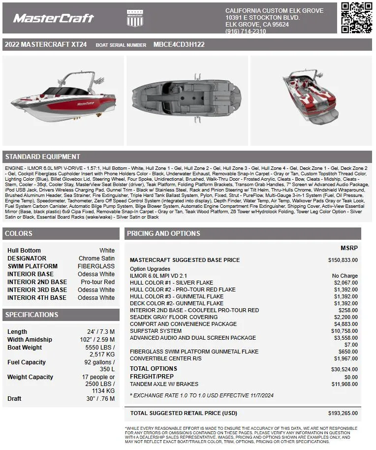 Slide: The Image of 2022 MasterCraft XT24 boat specifications and pricing details, featuring standard equipment and color options. - 31