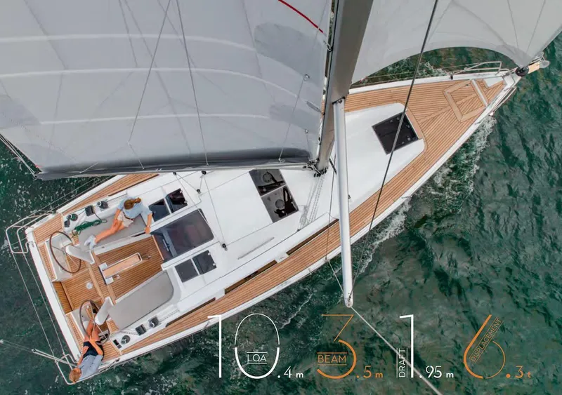 Slide: The Image of Aerial view of 2019 Hanse 348 sailboat on water, showcasing deck and sails. - 10
