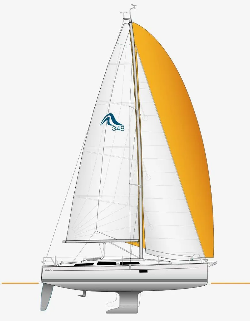 Slide: The Image of 2019 Hanse 348 sailboat with white and yellow sails, side view illustration. - 35
