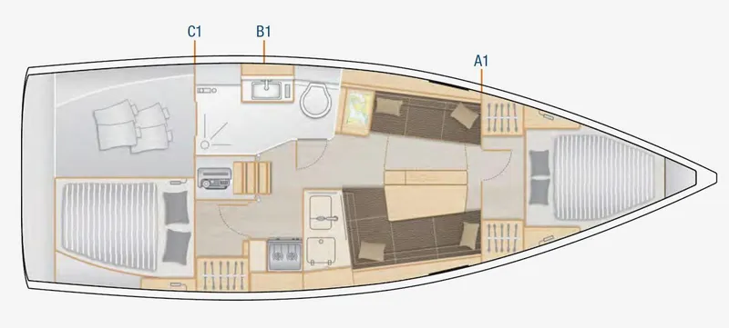 Slide: The Image of Floor plan of a 2019 Hanse 348 yacht, featuring cabins, kitchen, and seating area. - 39
