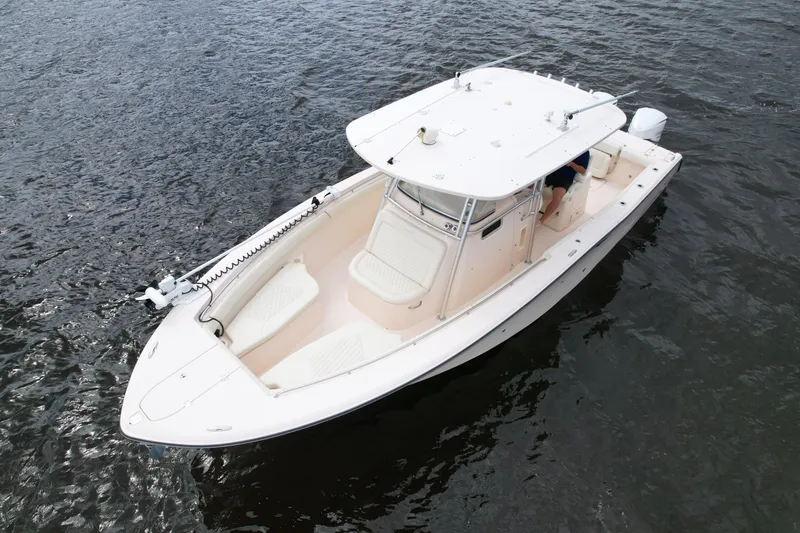 Slide: The Image of 2008 Grady-White Canyon 336 boat on water, aerial view. - 4