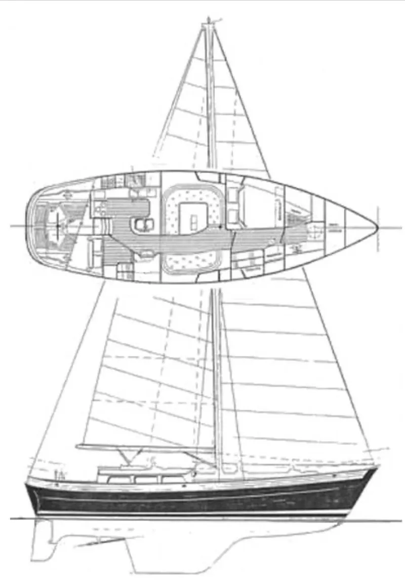 Slide: The Image of Line drawing of 1987 Hans Christian Christina 40 sailboat, showing interior layout and side profile. - 0