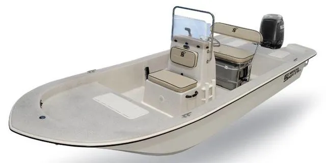 Slide: The Image of 2025 Carolina Skiff E18JVX boat, beige interior, center console, outboard motor. - 1
