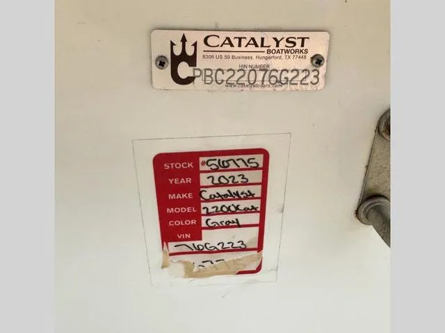 Slide: The Image of 2023 Catalyst Boat Works 2200 CAT identification plate with model and VIN details. - 3