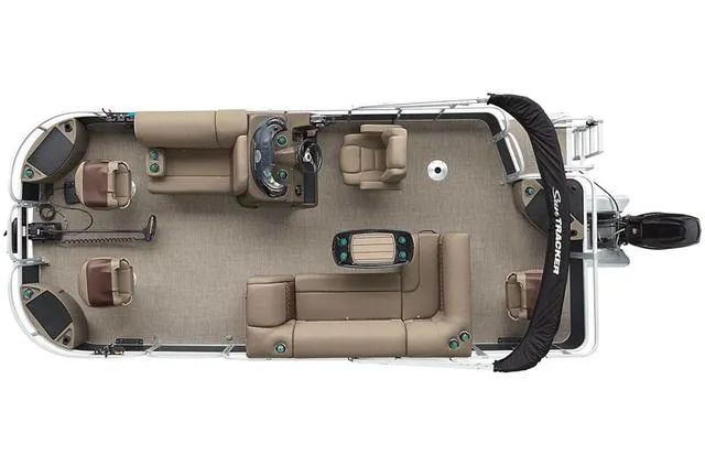 Slide: The Image of 2021 Sun Tracker FISH BARGE 20 pontoon boat, top view, beige seating, spacious layout. - 9