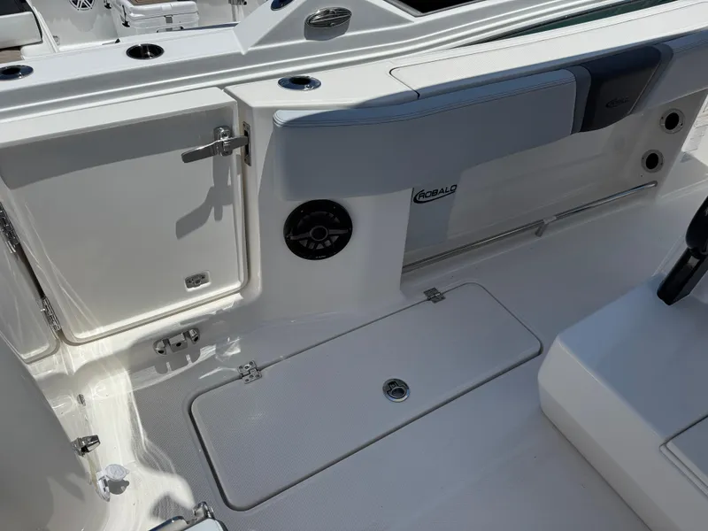 Slide: The Image of 2025 Robalo R270 Center Console boat interior with storage compartments and speaker. - 9