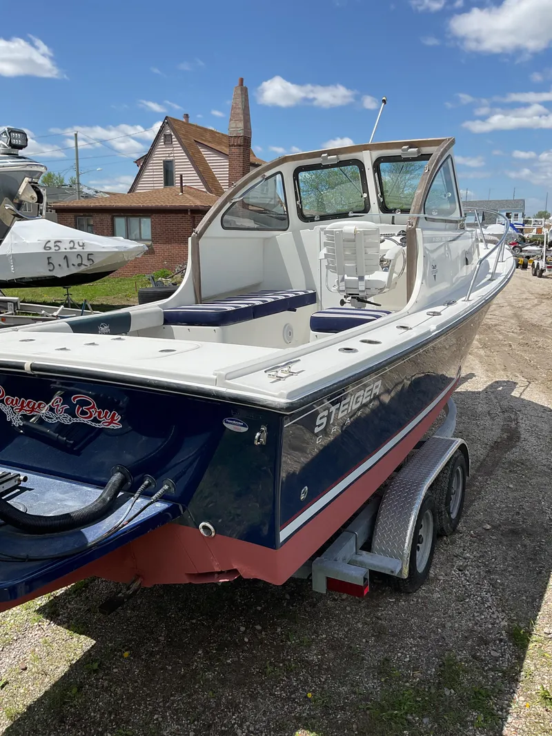 Slide: The Image of 2015 Steiger Craft 21 DV Block Island boat on trailer, parked outdoors under blue sky. - 15