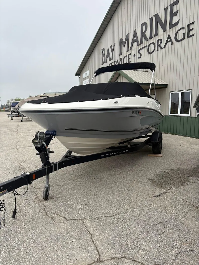 Slide: The Image of 2017 Bayliner VR5 Bowrider boat on trailer at Bay Marine storage facility. - 2