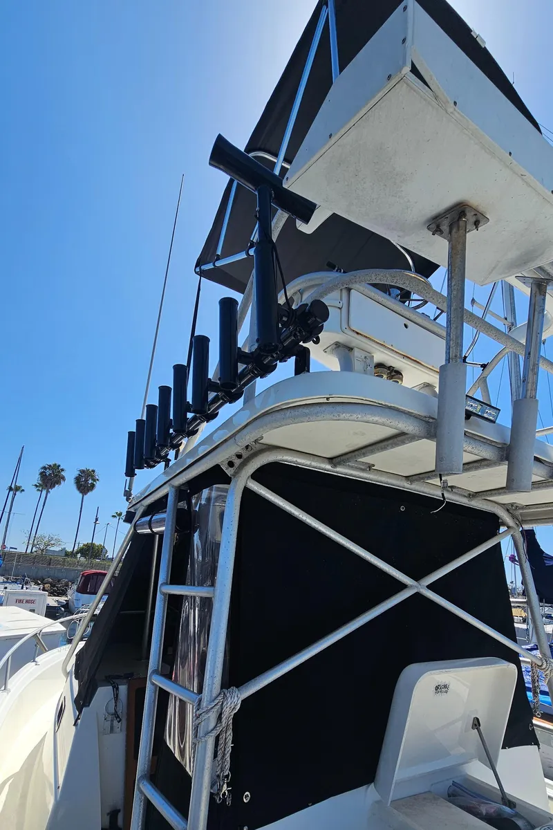 Slide: The Image of 1992 Luhrs Tournament 300 boat with tower and rod holders under clear blue sky. - 10