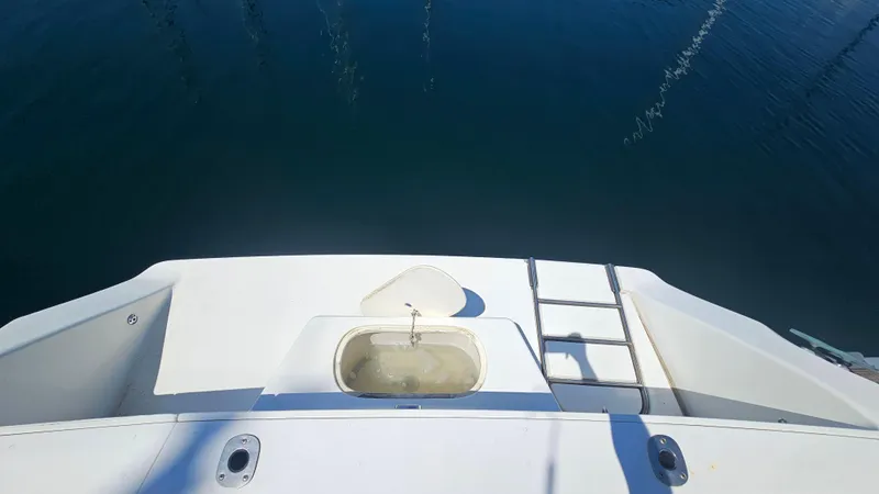 Slide: The Image of 1992 Luhrs Tournament 300 boat stern with ladder and water view. - 15