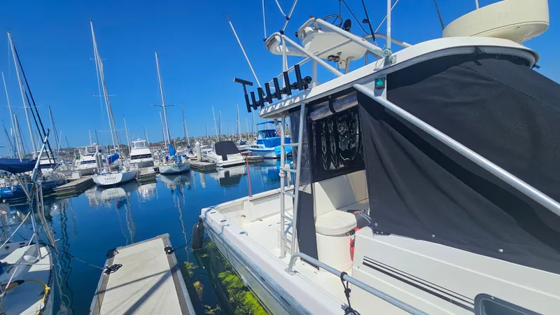 Slide: The Image of 1992 Luhrs Tournament 300 boat docked in a marina with clear blue skies. - 5