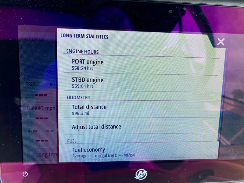 Slide: The Image of Display screen showing engine hours and odometer stats for 2004 Sea Ray 290 SLX boat. - 13