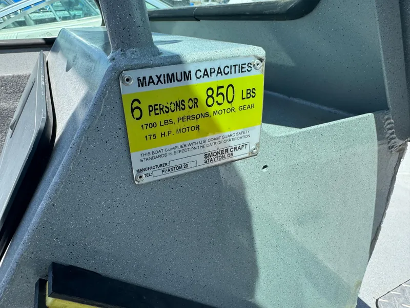 Slide: The Image of 2017 Smoker Craft 202 Phantom capacity label, 6 persons or 850 lbs, 175 HP motor. - 11