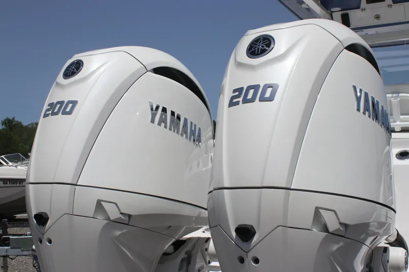 Slide: The Image of Twin Yamaha 200 outboard engines on a 2025 Sea Fox 268 Commander boat. - 7
