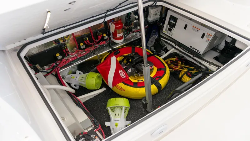 Slide: The Image of Storage compartment of 2026 Regal 33 XO boat with safety equipment and electrical components. - 33