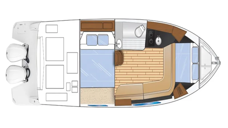 Slide: The Image of 2026 Regal 33 XO boat layout with dual engines, cabin, and seating area. - 34