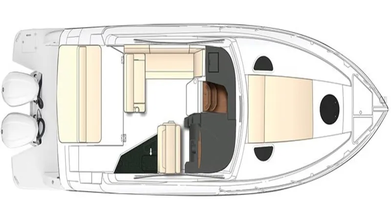 Slide: The Image of Top view layout of 2026 Regal 33 XO boat, featuring seating and dual outboard engines. - 35