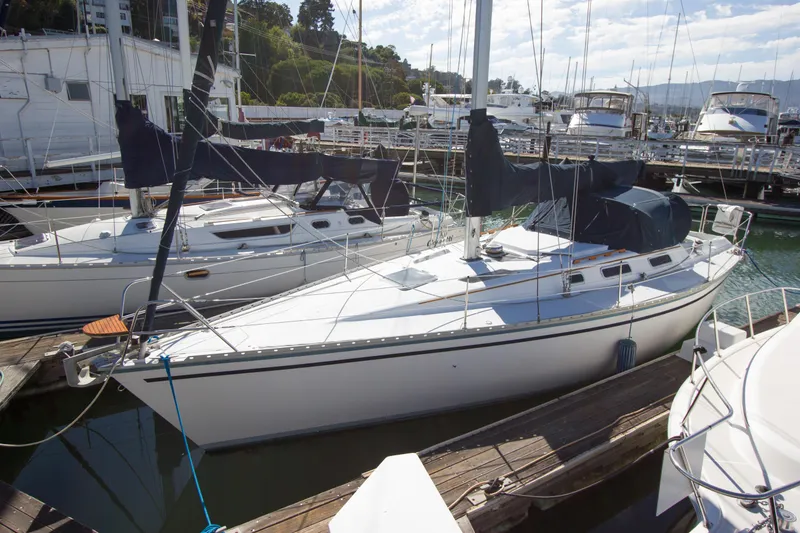Slide: The Image of 1989 Hunter 37.5 sloop sailboat docked at marina, surrounded by other boats. - 5