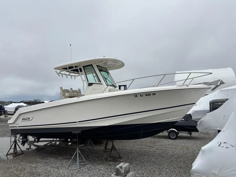 Slide: The Image of 2019 Boston Whaler 250 Outrage boat on stands, overcast sky background. - 2