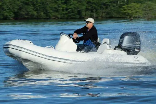 Slide: The Image of Man driving 2019 Zodiac Yachtline 400 boat on water, surrounded by greenery. - 3