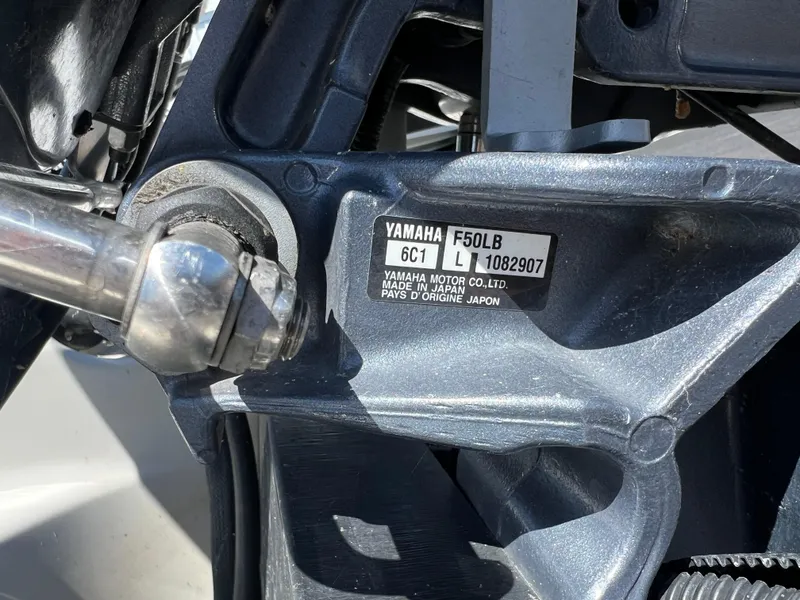 Slide: The Image of Close-up of Yamaha F50LB engine part on 2019 Zodiac Yachtline 400. - 6
