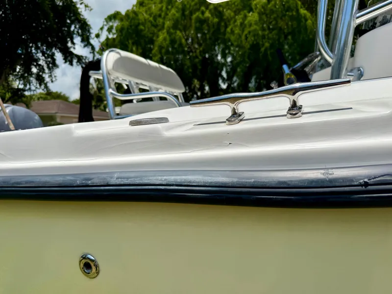 Slide: The Image of 2006 Edgewater 265CC boat detail with cleat and seating, surrounded by lush greenery. - 15
