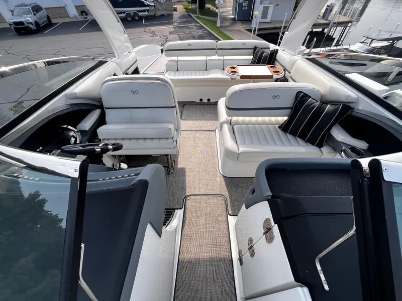 Slide: The Image of Luxurious interior of a 2016 Cobalt R30 boat with plush seating and elegant design. - 45
