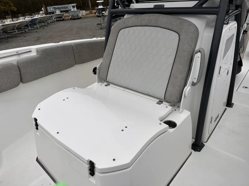 Slide: The Image of 2021 Sea Fox 288 Commander boat seat with storage compartment, gray upholstery. - 25