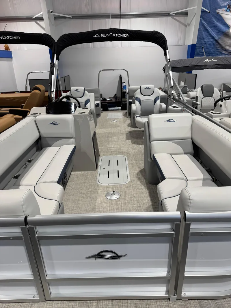 Slide: The Image of 2025 G3 Select 322RC pontoon boat with spacious seating and modern design. - 3