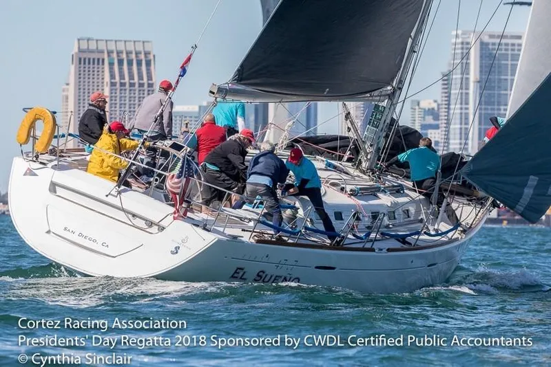 Slide: The Image of Sailboat Beneteau First 47.7 racing in 2018 regatta, San Diego skyline in background. - 2